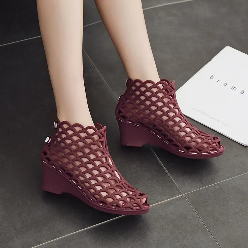 Bird Net Hallow Sandals Women Summer Plastic Jelly Shoes Wedges