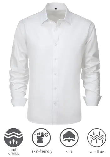 BONOW Dress Shirt for Men White Formal Full Sleeves Regular Fit Business Stretch Button Down Shirts S