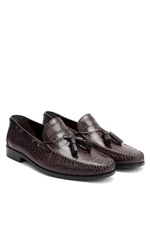 Burgundy Croco Textured Heel Moccasins