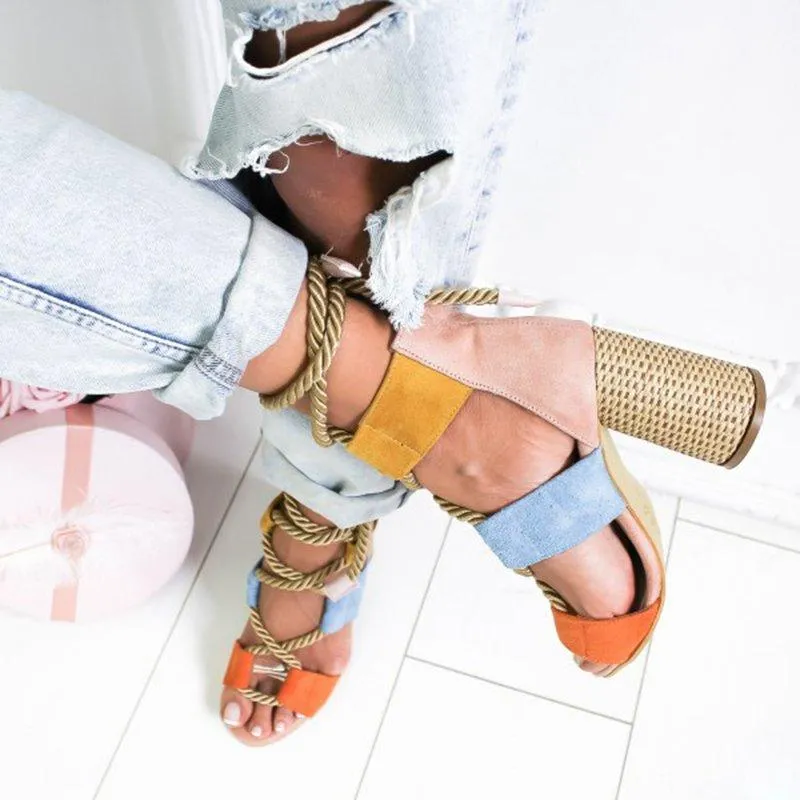 Casual Suede High Heel Lace Up Sandals