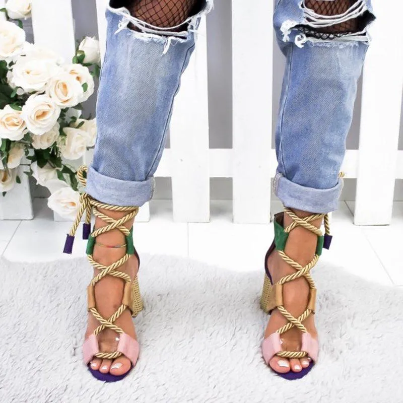 Casual Suede High Heel Lace Up Sandals