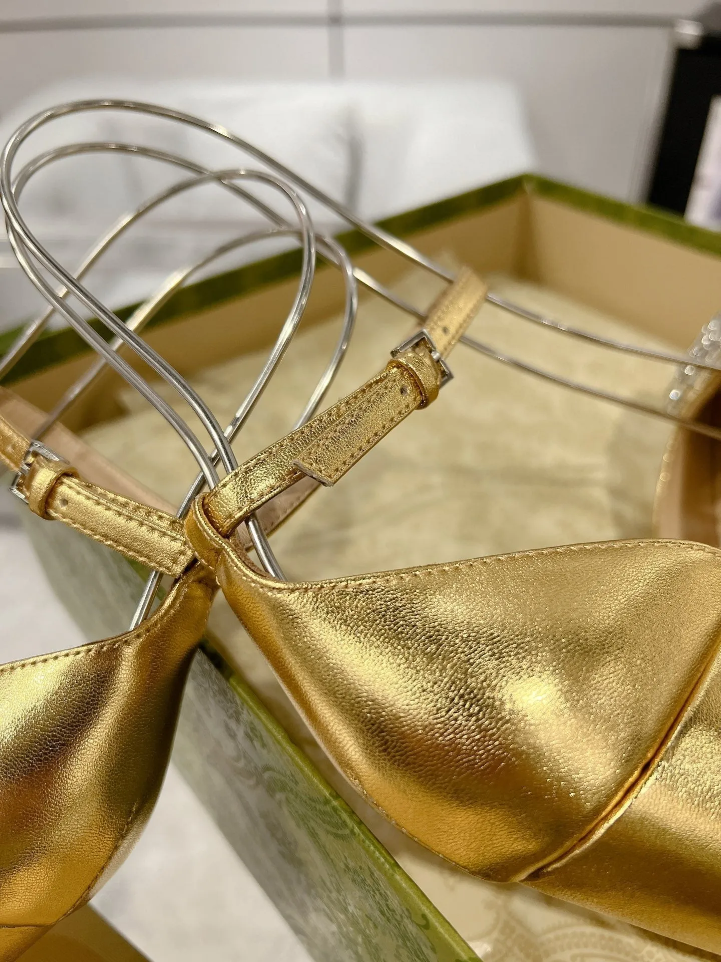 GG CRYSTALS PLATFORM PUMPS METALLIC GOLD CALFSKIN