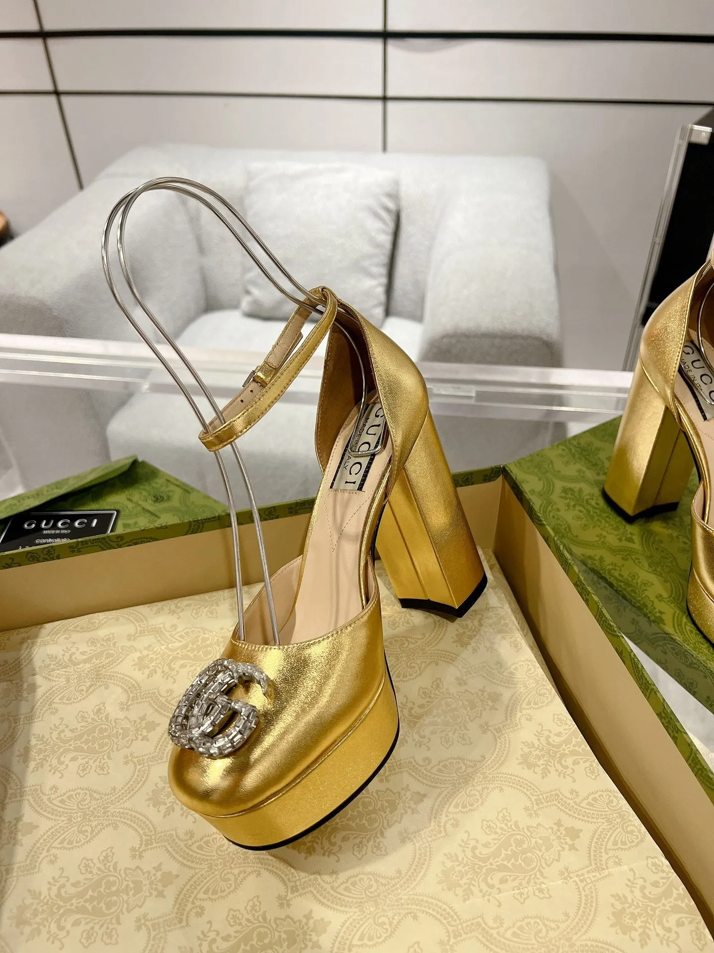 GG CRYSTALS PLATFORM PUMPS METALLIC GOLD CALFSKIN