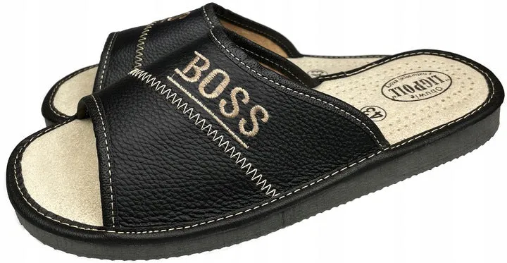 Men's Black Open Toe Leather Slippers - BOSS | 118