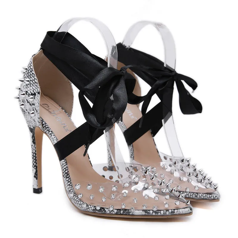 New Women Lace Up Rivets High Heels Snake Skin Sandals