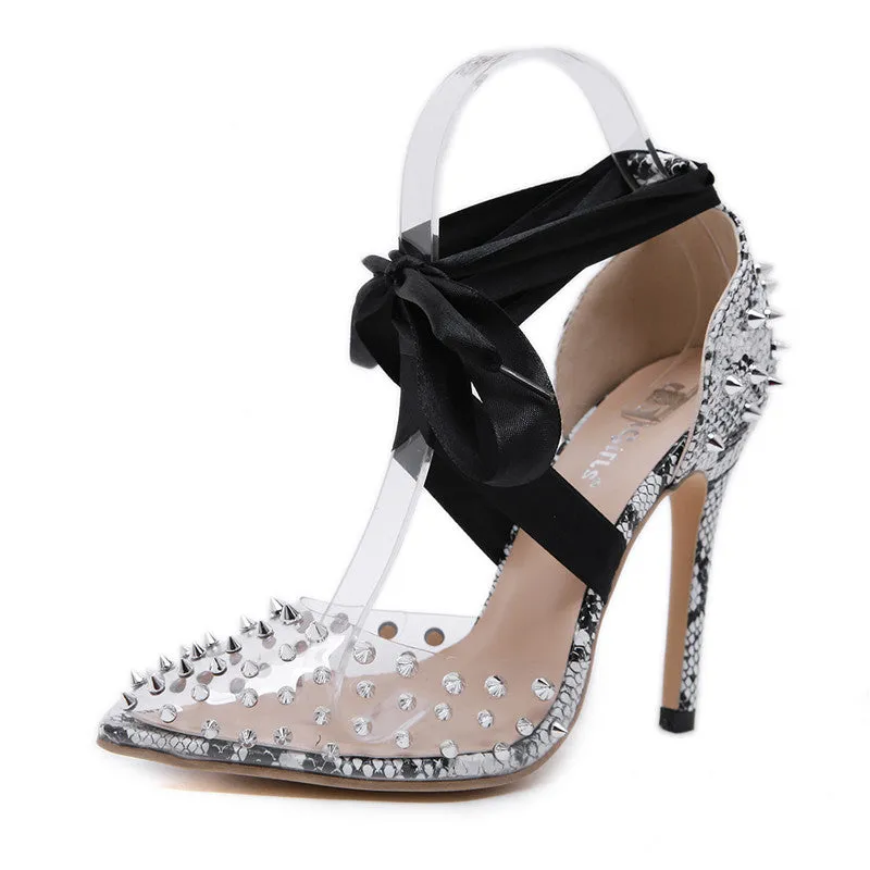 New Women Lace Up Rivets High Heels Snake Skin Sandals