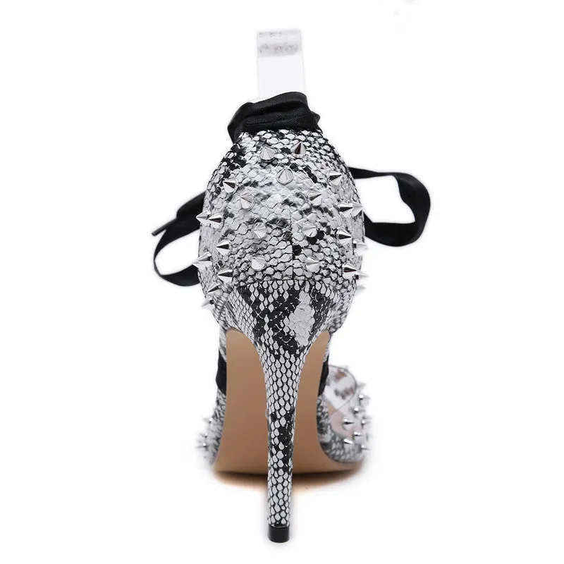 New Women Lace Up Rivets High Heels Snake Skin Sandals