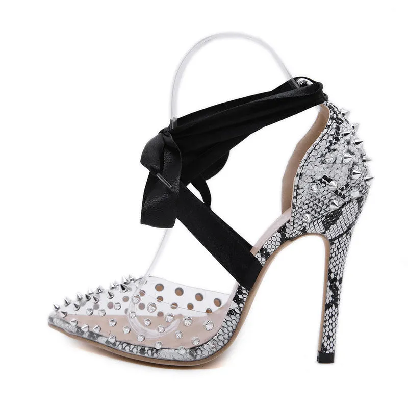 New Women Lace Up Rivets High Heels Snake Skin Sandals
