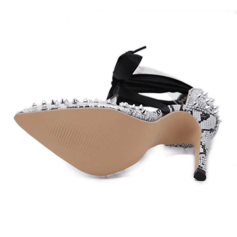 New Women Lace Up Rivets High Heels Snake Skin Sandals