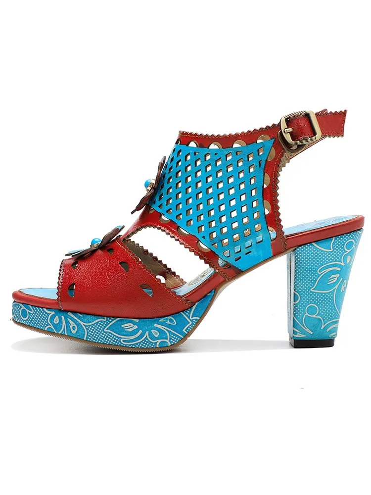 Red & Blue Laser Cut-Out Leather Floral Sandals
