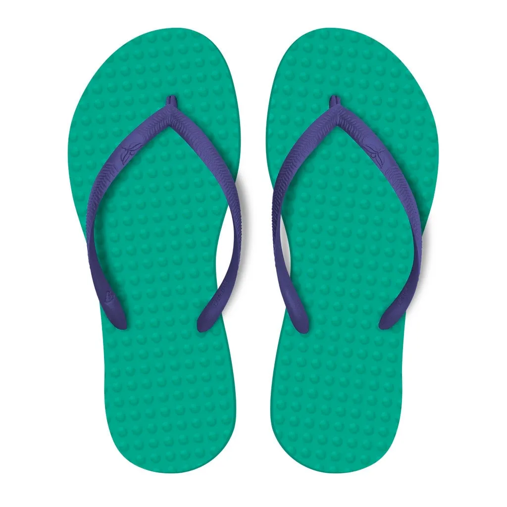 Women's Sustainable Flip Flops Emerald with Purple Straps