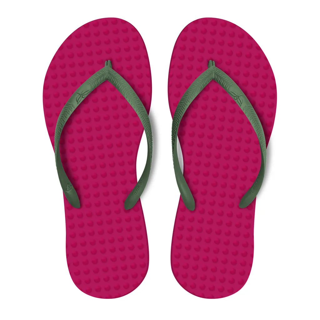 Women's Sustainable Flip Flops Fuchsia with Army Green Straps