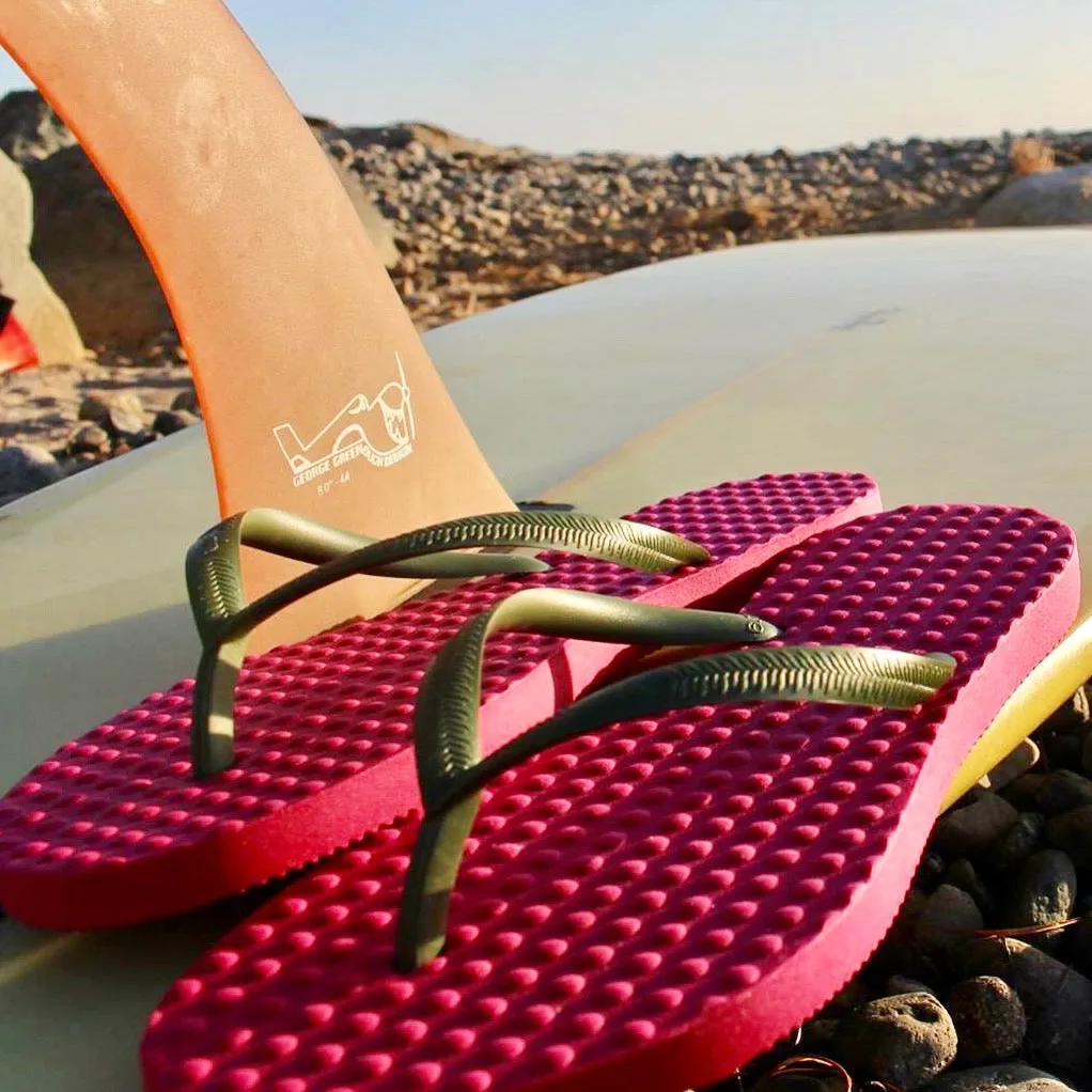 Women's Sustainable Flip Flops Fuchsia with Army Green Straps