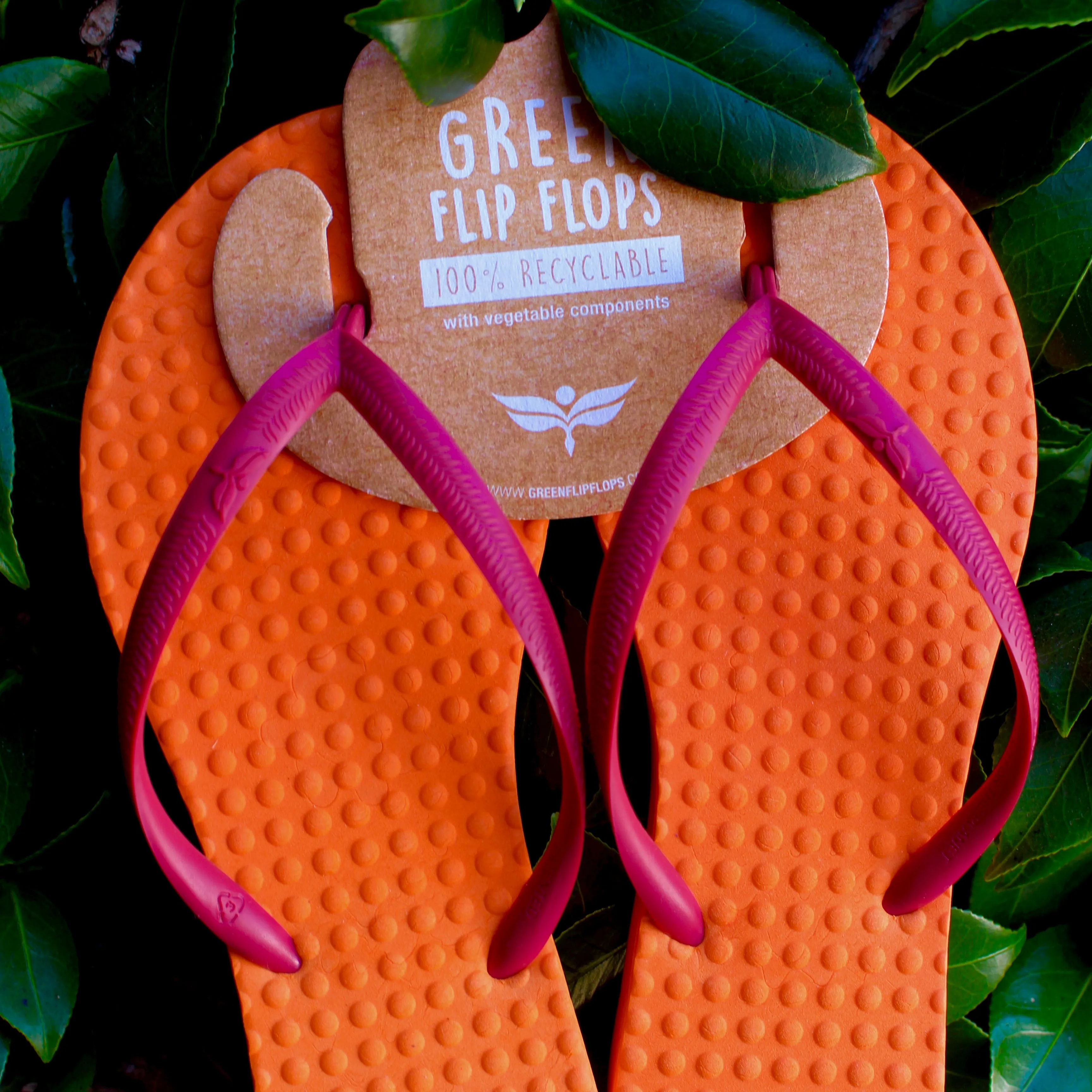 Women's Sustainable Flip Flops Orange with Fuchsia Straps