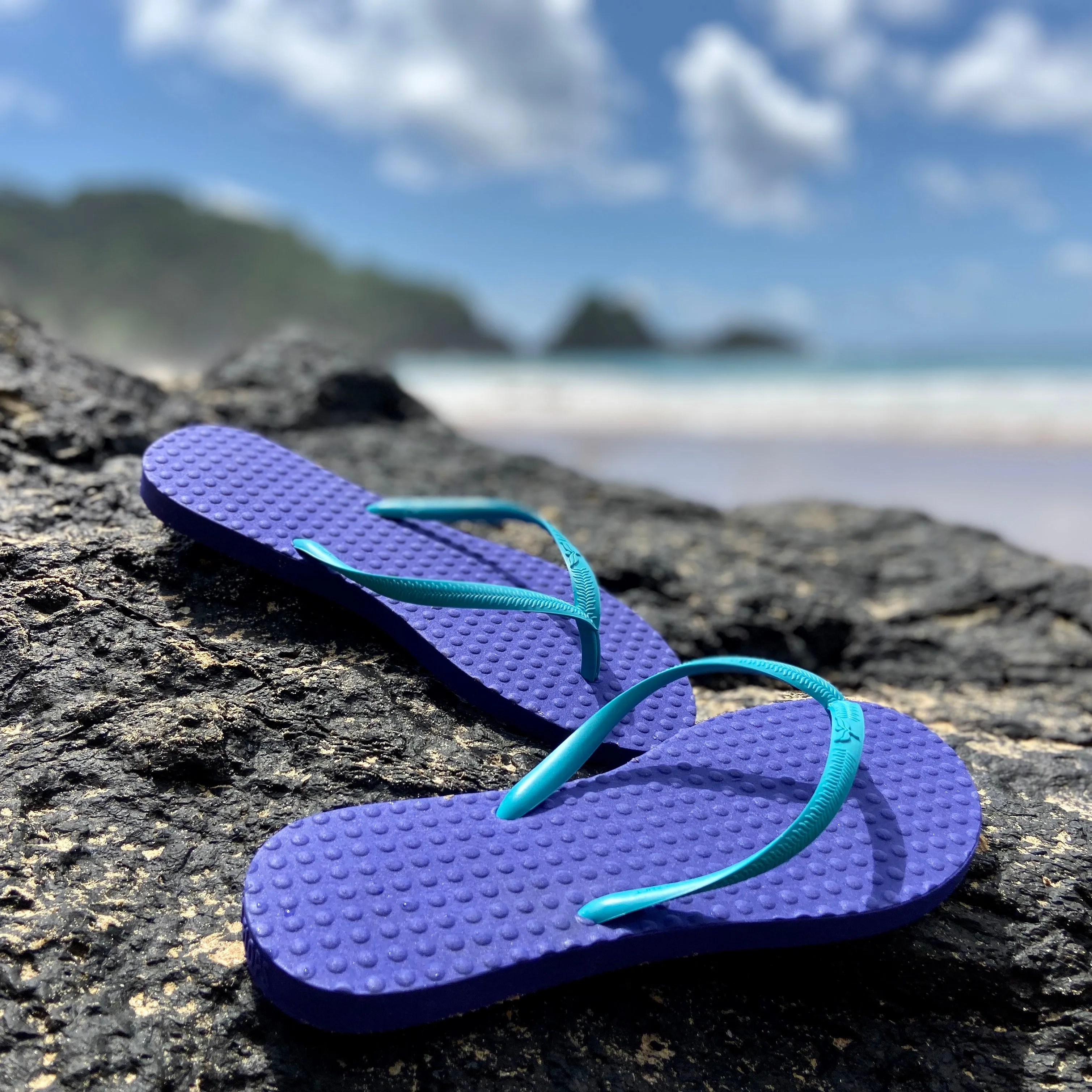 Women's Sustainable Flip Flops Purple with Turquoise Straps