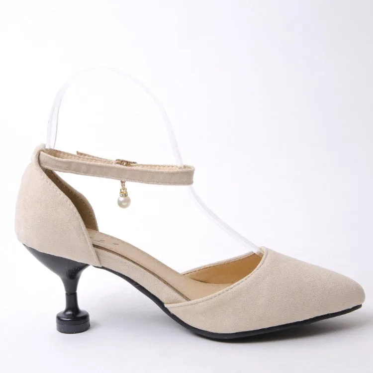 Women's's High Heels Suede Ankle Strap Pearls Spool Heel Stiletto Sandals