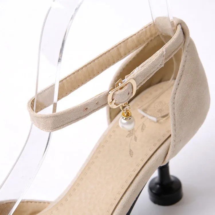 Women's's High Heels Suede Ankle Strap Pearls Spool Heel Stiletto Sandals