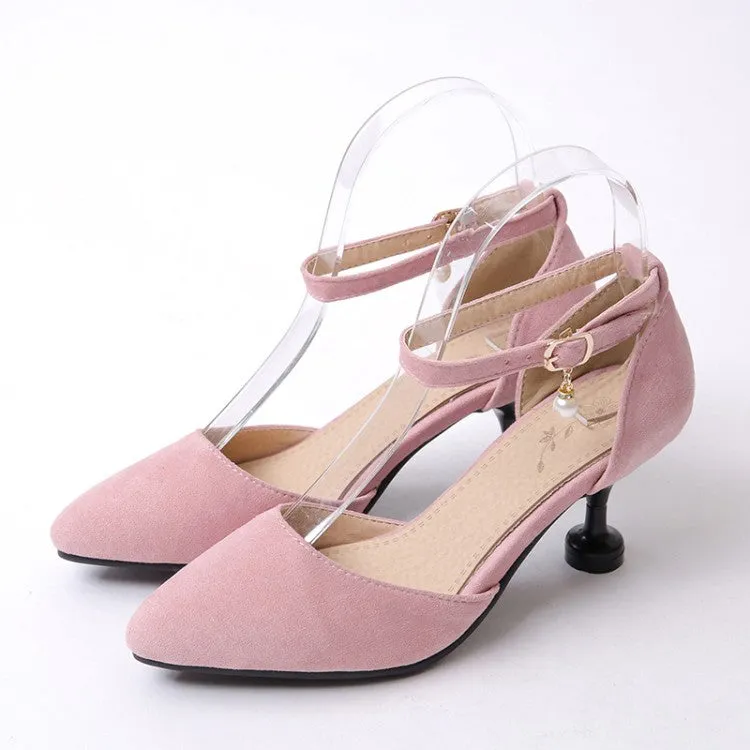 Women's's High Heels Suede Ankle Strap Pearls Spool Heel Stiletto Sandals