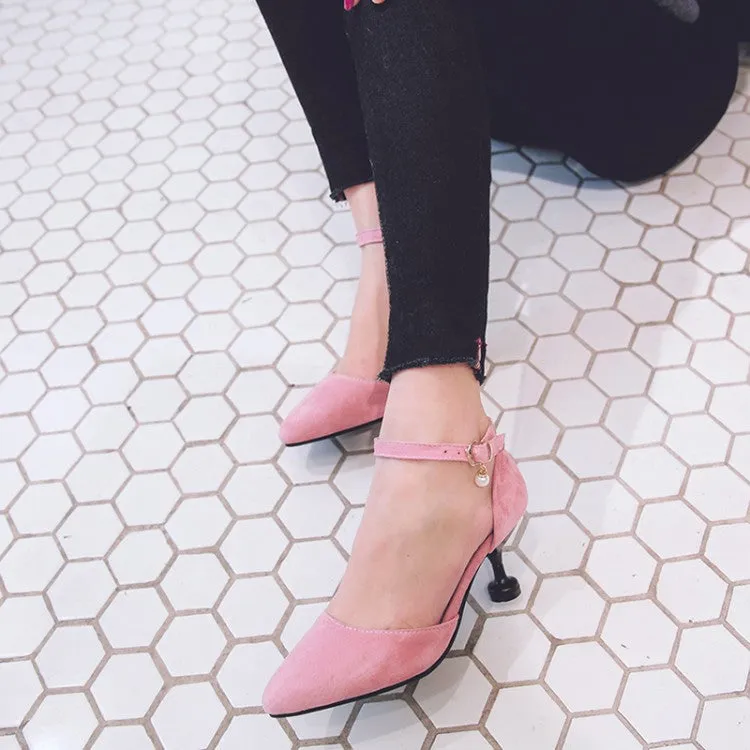 Women's's High Heels Suede Ankle Strap Pearls Spool Heel Stiletto Sandals