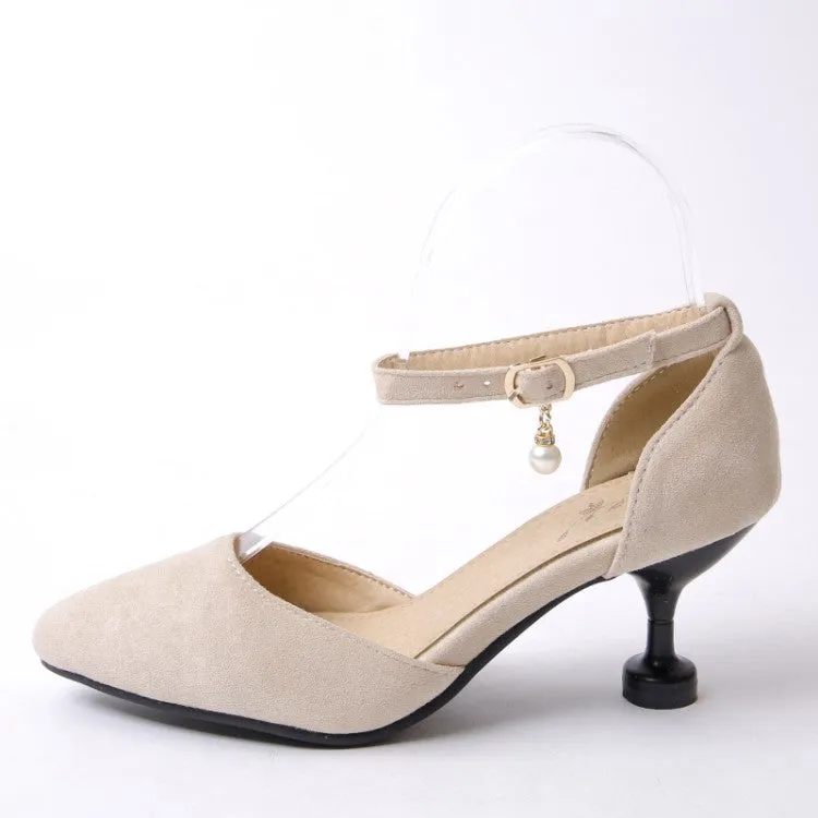 Women's's High Heels Suede Ankle Strap Pearls Spool Heel Stiletto Sandals