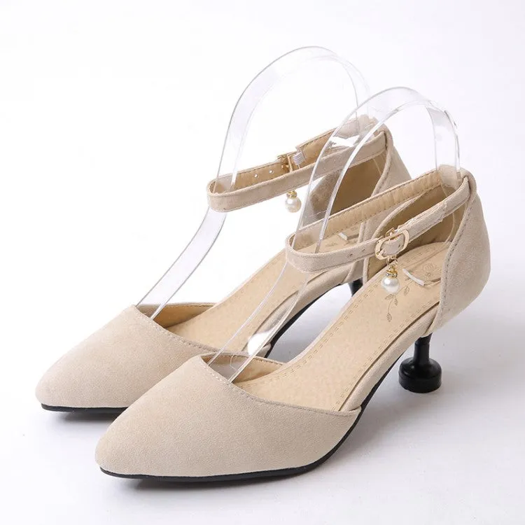 Women's's High Heels Suede Ankle Strap Pearls Spool Heel Stiletto Sandals