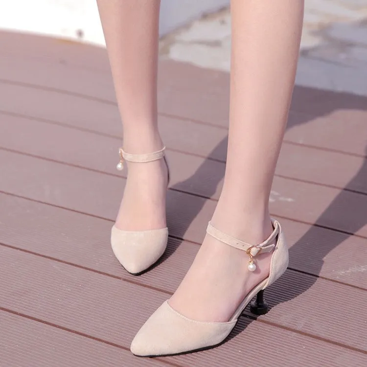 Women's's High Heels Suede Ankle Strap Pearls Spool Heel Stiletto Sandals