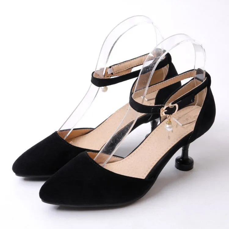 Women's's High Heels Suede Ankle Strap Pearls Spool Heel Stiletto Sandals